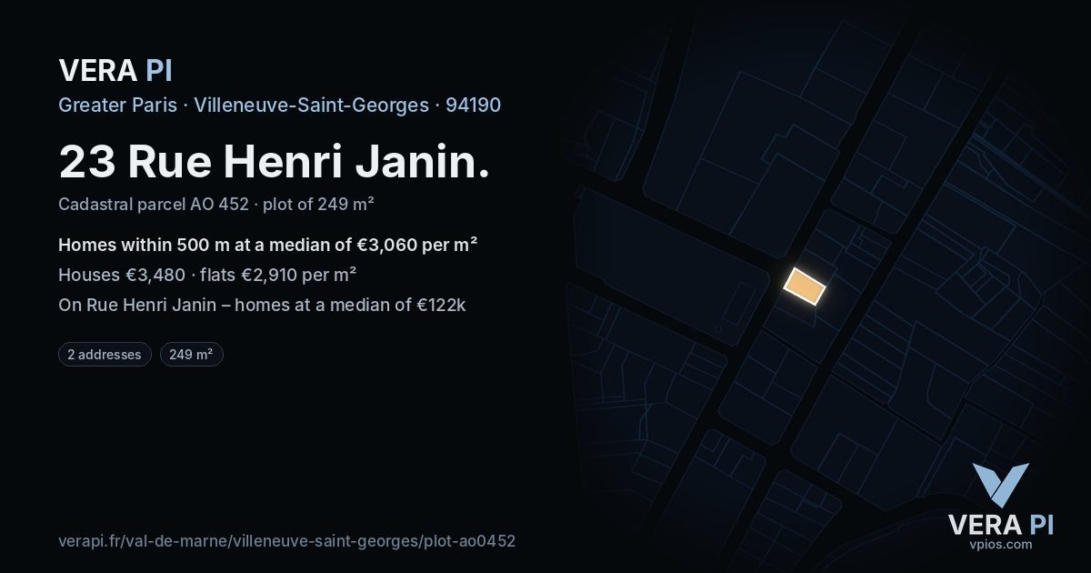 23 Rue Henri Janin, Villeneuve-Saint-Georges at night – the plot lit, the parcels around coloured by the prices near them