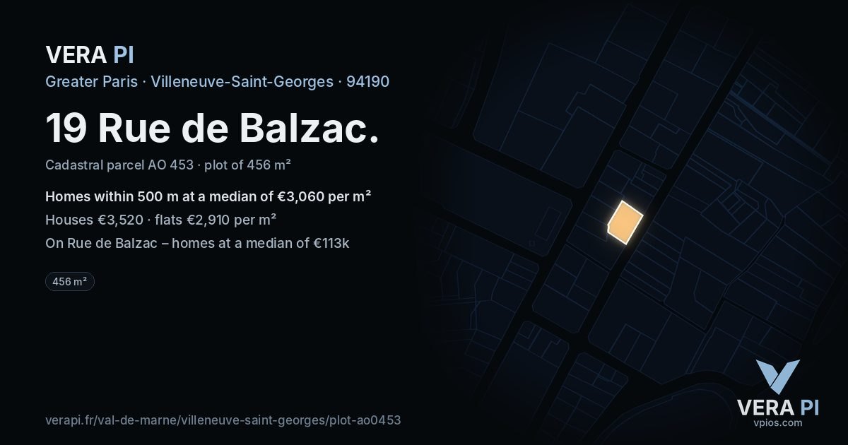 19 Rue de Balzac, Villeneuve-Saint-Georges at night – the plot lit, the parcels around coloured by the prices near them
