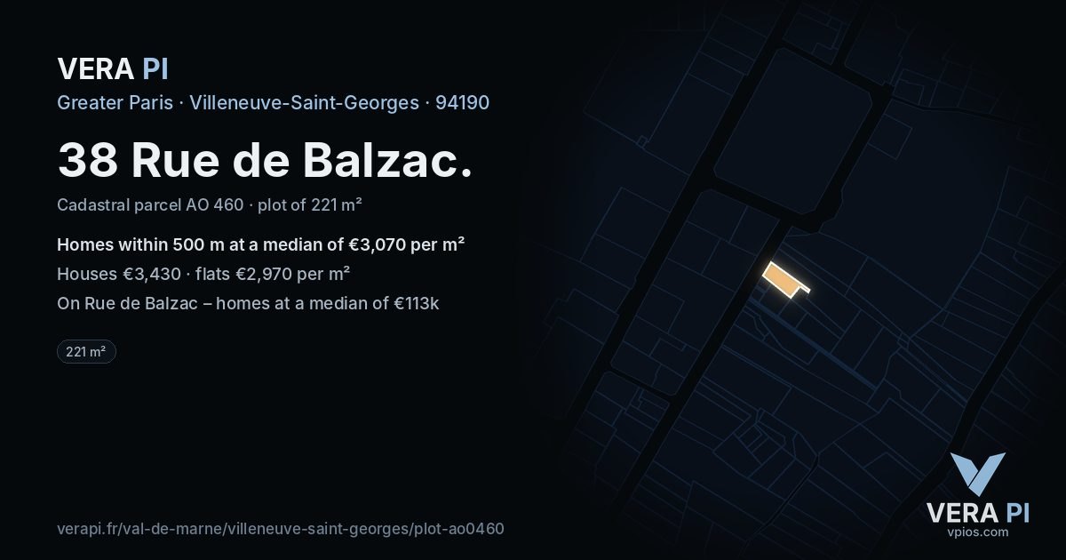 38 Rue de Balzac, Villeneuve-Saint-Georges at night – the plot lit, the parcels around coloured by the prices near them