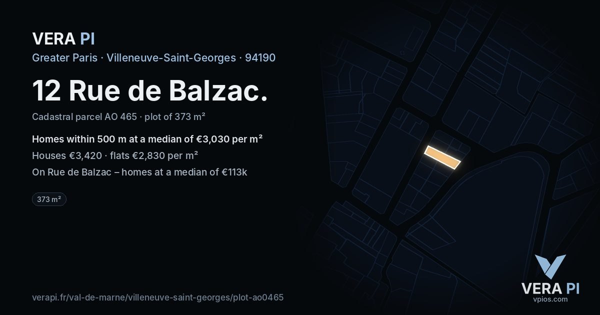 12 Rue de Balzac, Villeneuve-Saint-Georges at night – the plot lit, the parcels around coloured by the prices near them