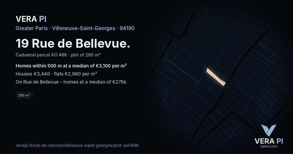 19 Rue de Bellevue, Villeneuve-Saint-Georges at night – the plot lit, the parcels around coloured by the prices near them