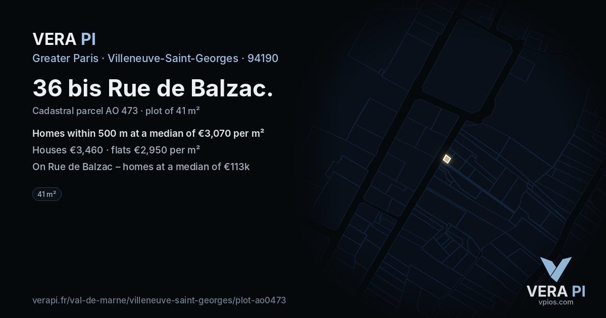 36 bis Rue de Balzac, Villeneuve-Saint-Georges at night – the plot lit, the parcels around coloured by the prices near them