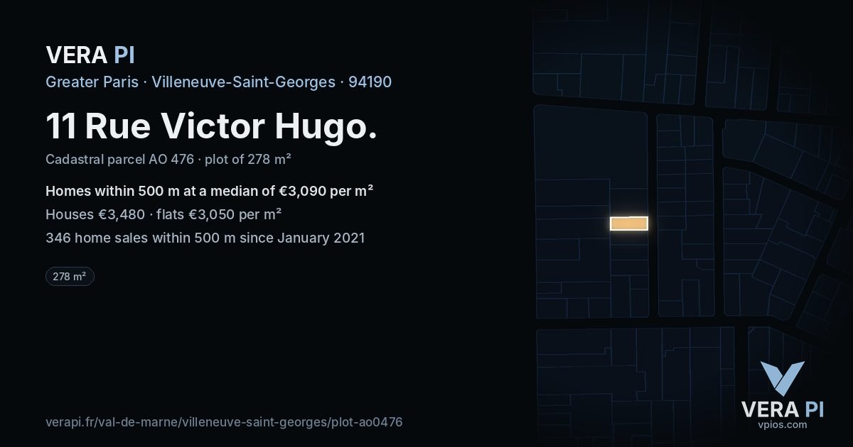11 Rue Victor Hugo, Villeneuve-Saint-Georges at night – the plot lit, the parcels around coloured by the prices near them