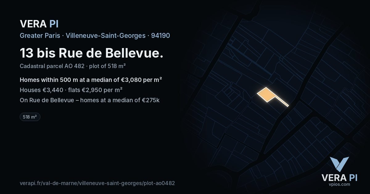 13 bis Rue de Bellevue, Villeneuve-Saint-Georges at night – the plot lit, the parcels around coloured by the prices near them