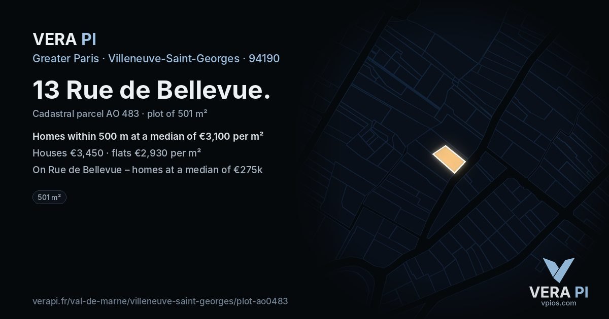 13 Rue de Bellevue, Villeneuve-Saint-Georges at night – the plot lit, the parcels around coloured by the prices near them