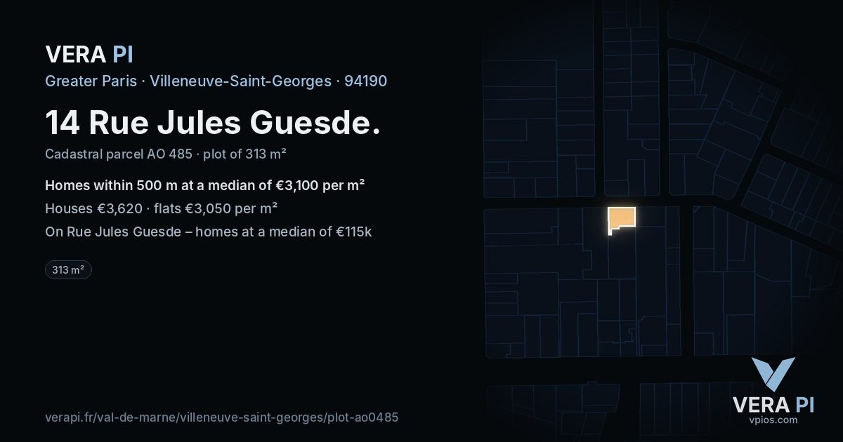 14 Rue Jules Guesde, Villeneuve-Saint-Georges at night – the plot lit, the parcels around coloured by the prices near them