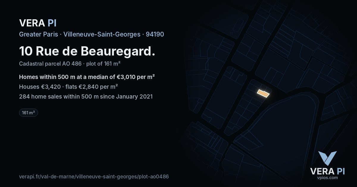 10 Rue de Beauregard, Villeneuve-Saint-Georges at night – the plot lit, the parcels around coloured by the prices near them