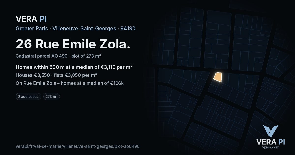 26 Rue Emile Zola, Villeneuve-Saint-Georges at night – the plot lit, the parcels around coloured by the prices near them