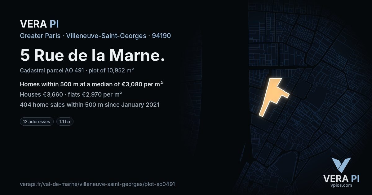 5 Rue de la Marne, Villeneuve-Saint-Georges at night – the plot lit, the parcels around coloured by the prices near them