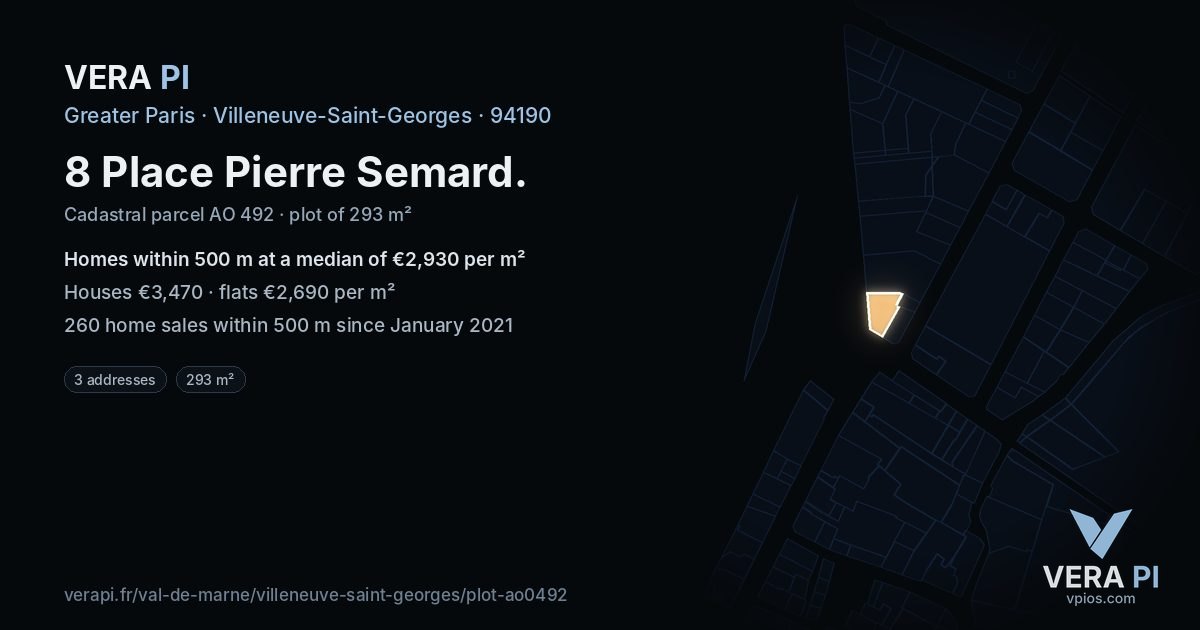 8 Place Pierre Semard, Villeneuve-Saint-Georges at night – the plot lit, the parcels around coloured by the prices near them