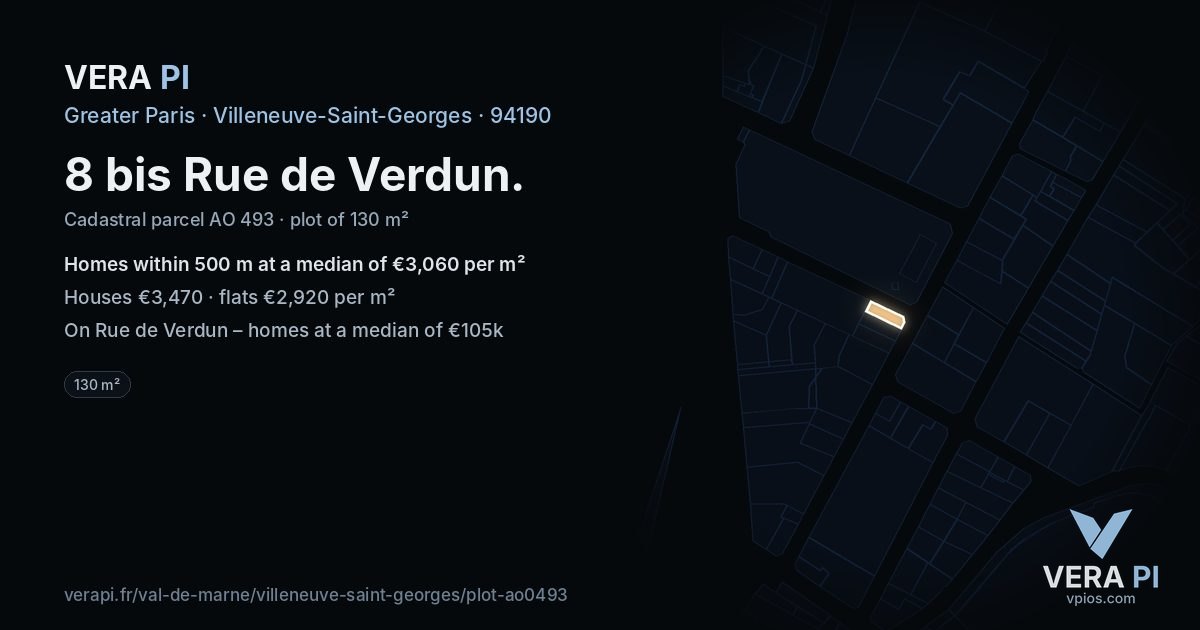 8 bis Rue de Verdun, Villeneuve-Saint-Georges at night – the plot lit, the parcels around coloured by the prices near them