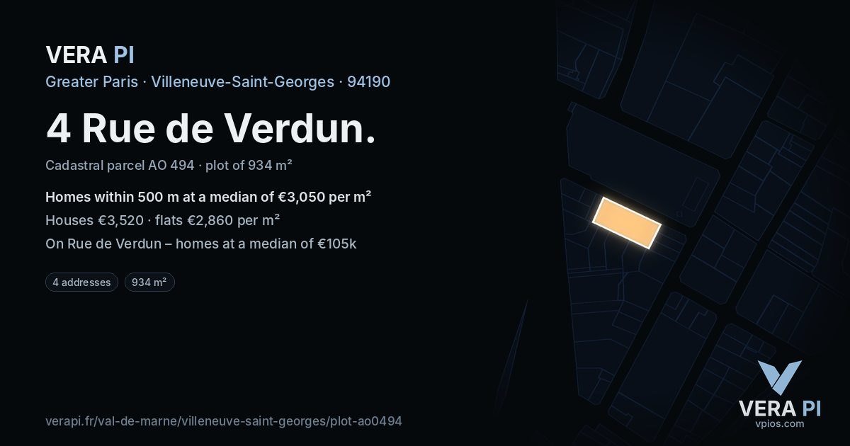4 Rue de Verdun, Villeneuve-Saint-Georges at night – the plot lit, the parcels around coloured by the prices near them
