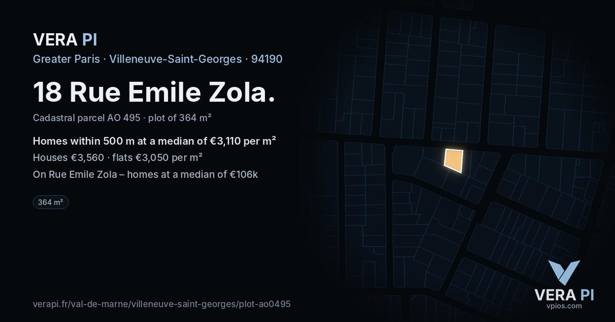 18 Rue Emile Zola, Villeneuve-Saint-Georges at night – the plot lit, the parcels around coloured by the prices near them