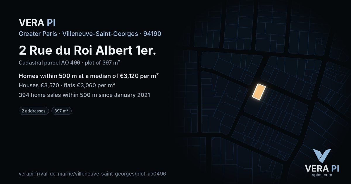 2 Rue du Roi Albert 1er, Villeneuve-Saint-Georges at night – the plot lit, the parcels around coloured by the prices near them