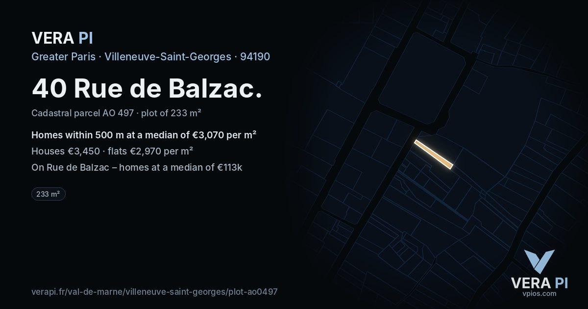 40 Rue de Balzac, Villeneuve-Saint-Georges at night – the plot lit, the parcels around coloured by the prices near them