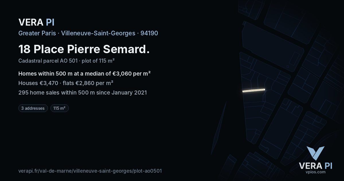 18 Place Pierre Semard, Villeneuve-Saint-Georges at night – the plot lit, the parcels around coloured by the prices near them