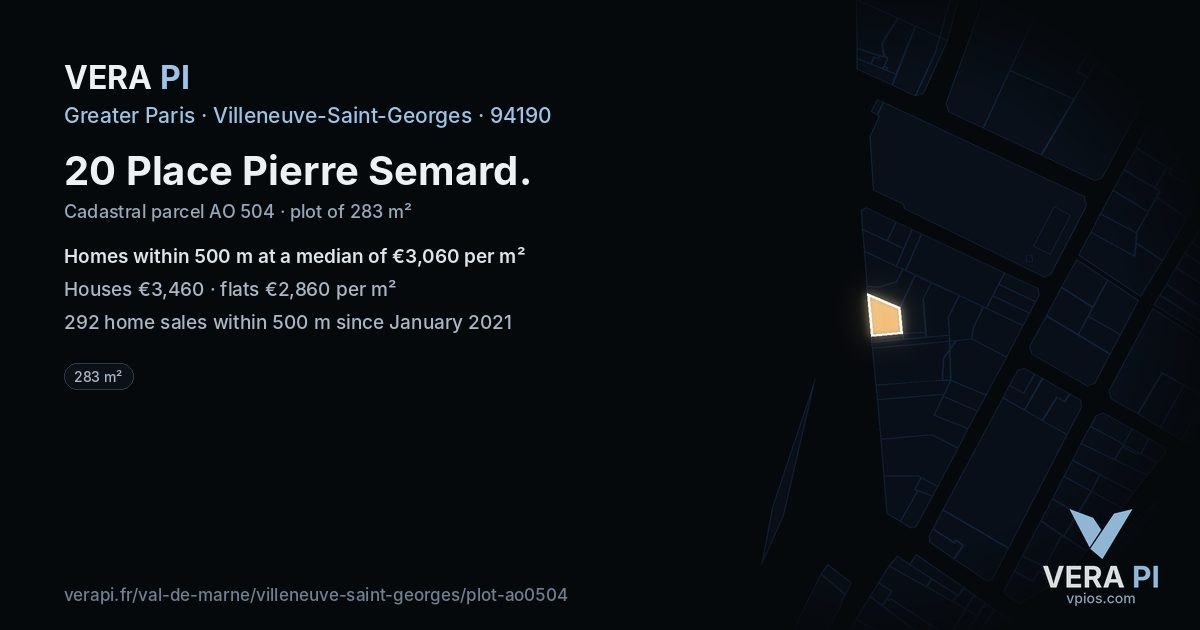 20 Place Pierre Semard, Villeneuve-Saint-Georges at night – the plot lit, the parcels around coloured by the prices near them