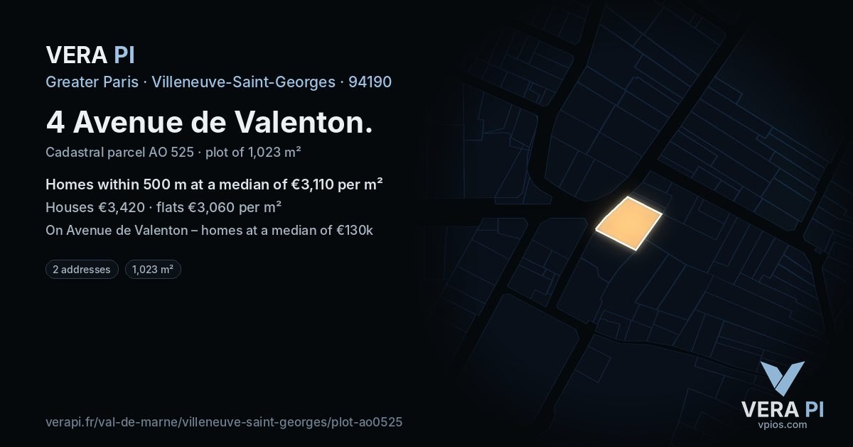 4 Avenue de Valenton, Villeneuve-Saint-Georges at night – the plot lit, the parcels around coloured by the prices near them