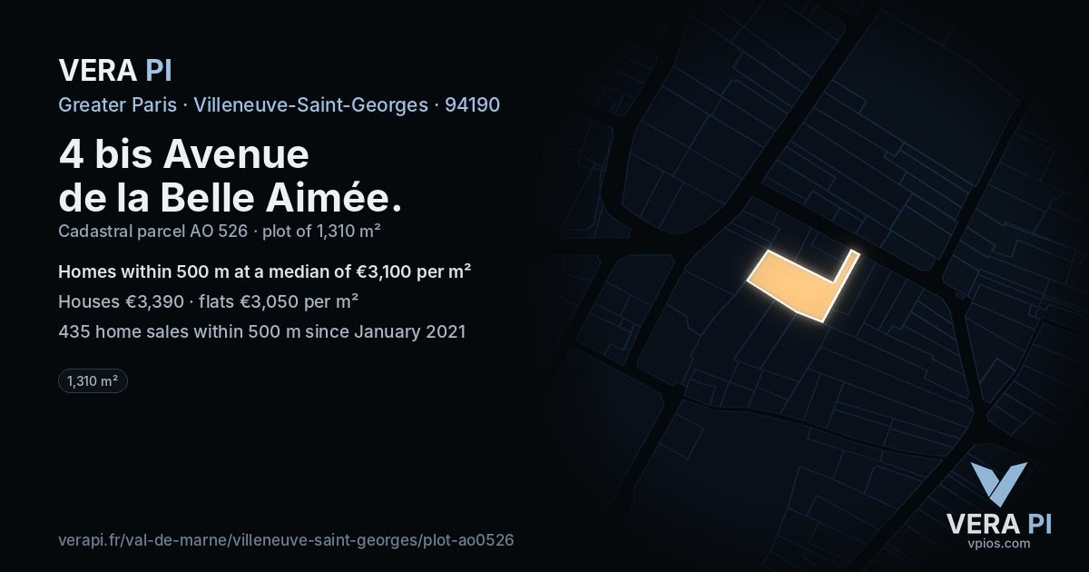 4 bis Avenue de la Belle Aimée, Villeneuve-Saint-Georges at night – the plot lit, the parcels around coloured by the prices near them