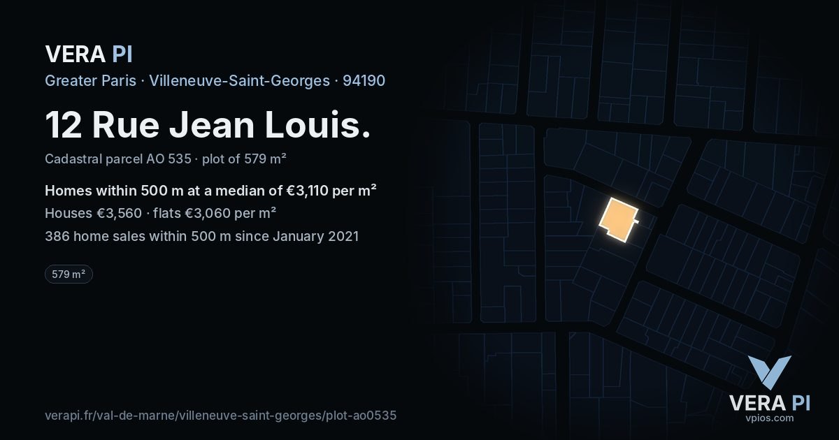 12 Rue Jean Louis, Villeneuve-Saint-Georges at night – the plot lit, the parcels around coloured by the prices near them