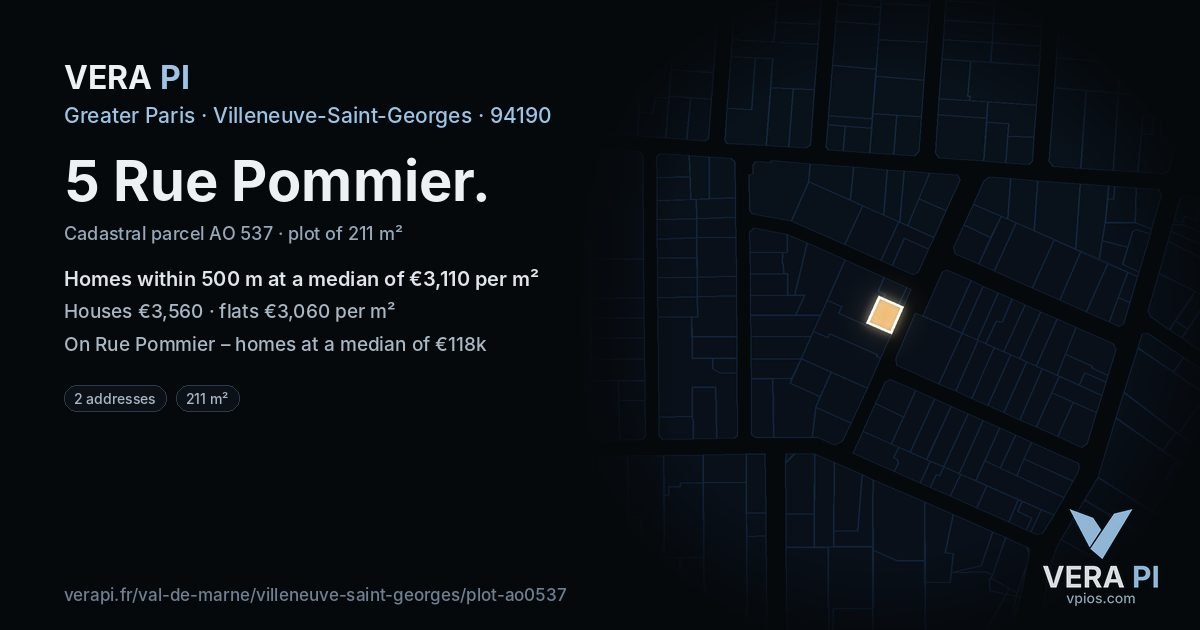 5 Rue Pommier, Villeneuve-Saint-Georges at night – the plot lit, the parcels around coloured by the prices near them