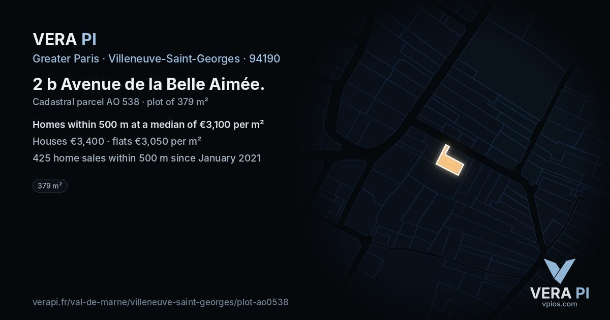 2 b Avenue de la Belle Aimée, Villeneuve-Saint-Georges at night – the plot lit, the parcels around coloured by the prices near them