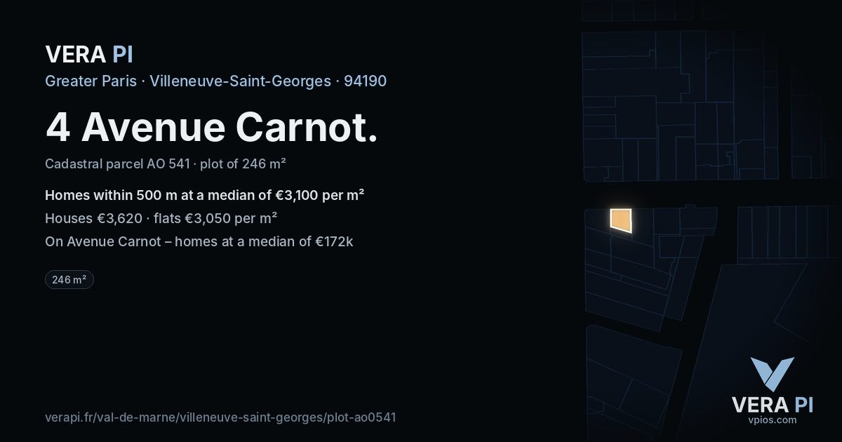 4 Avenue Carnot, Villeneuve-Saint-Georges at night – the plot lit, the parcels around coloured by the prices near them