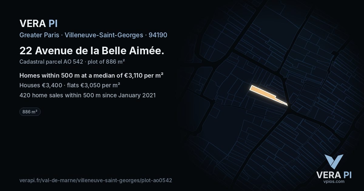 22 Avenue de la Belle Aimée, Villeneuve-Saint-Georges at night – the plot lit, the parcels around coloured by the prices near them