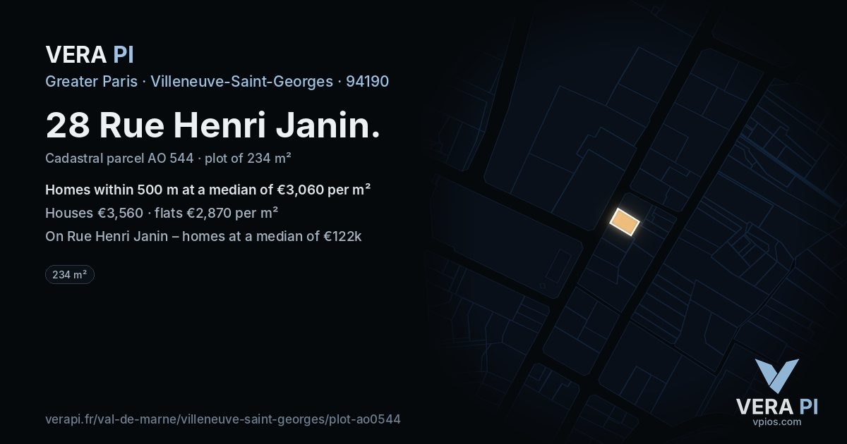 28 Rue Henri Janin, Villeneuve-Saint-Georges at night – the plot lit, the parcels around coloured by the prices near them