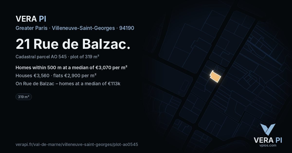 21 Rue de Balzac, Villeneuve-Saint-Georges at night – the plot lit, the parcels around coloured by the prices near them