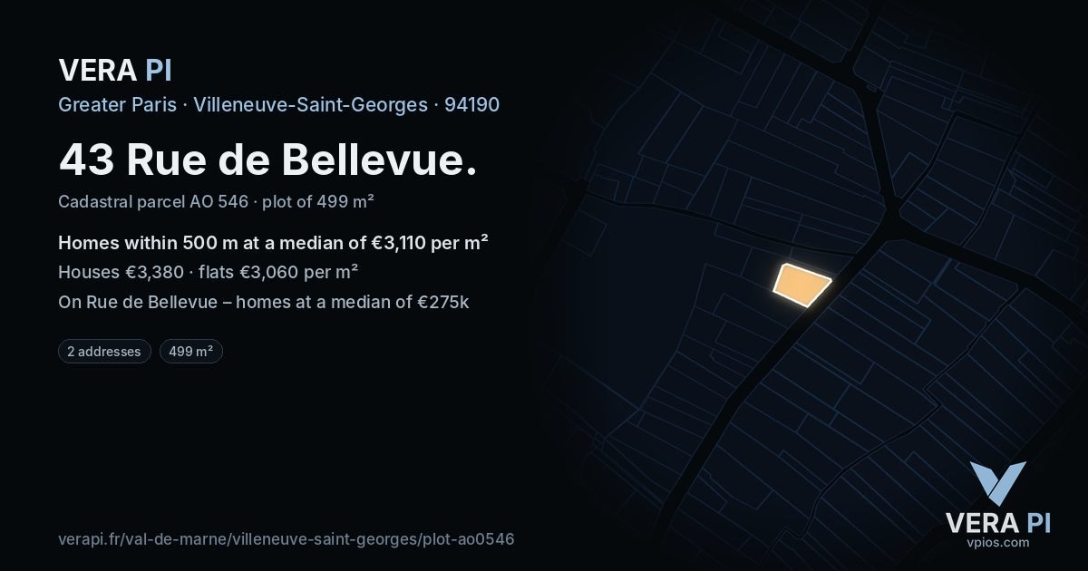 43 Rue de Bellevue, Villeneuve-Saint-Georges at night – the plot lit, the parcels around coloured by the prices near them