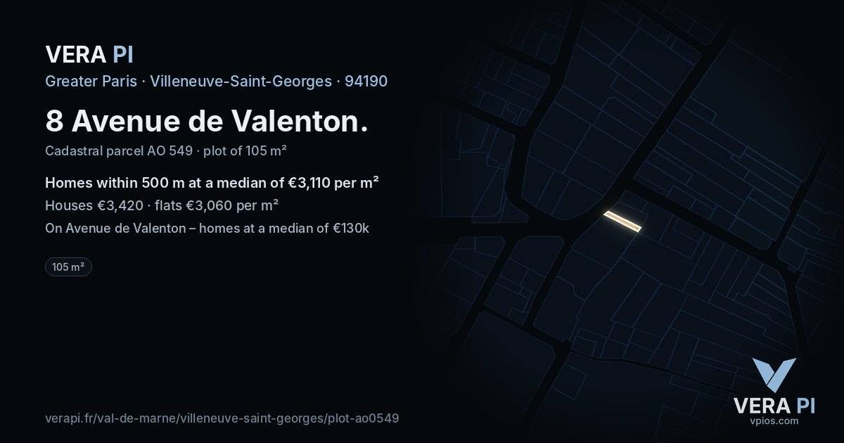 8 Avenue de Valenton, Villeneuve-Saint-Georges at night – the plot lit, the parcels around coloured by the prices near them