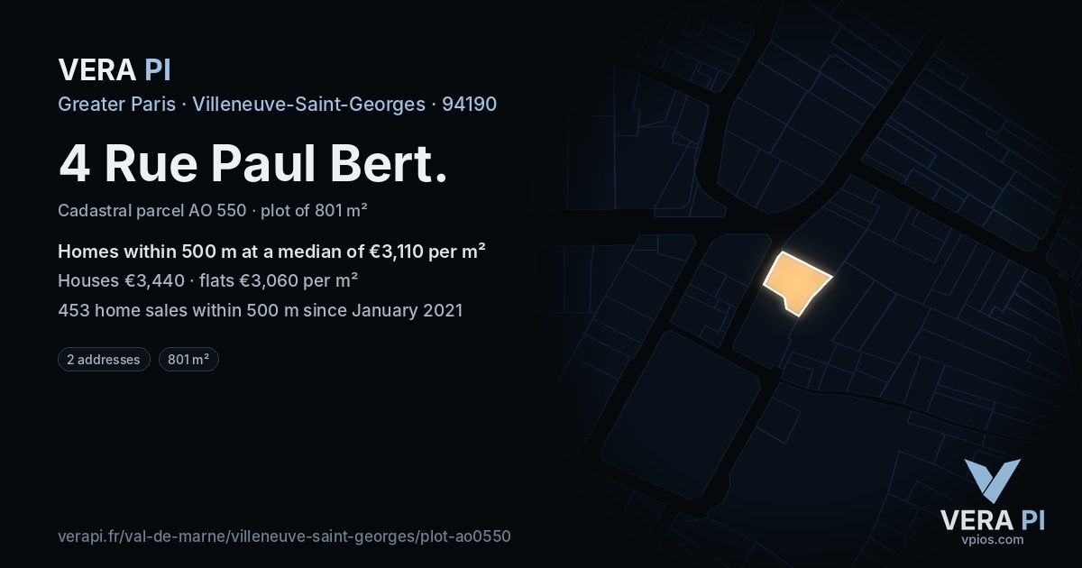 4 Rue Paul Bert, Villeneuve-Saint-Georges at night – the plot lit, the parcels around coloured by the prices near them