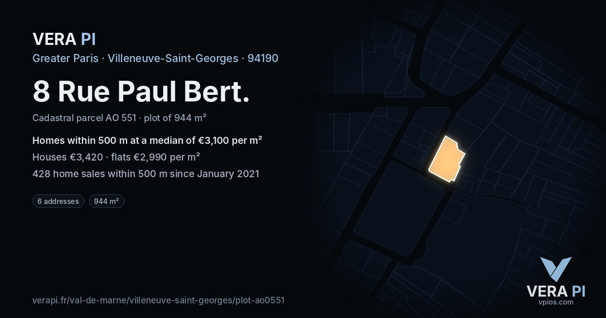 8 Rue Paul Bert, Villeneuve-Saint-Georges at night – the plot lit, the parcels around coloured by the prices near them