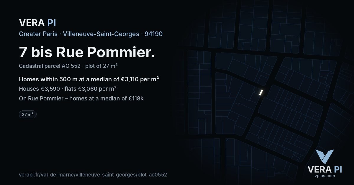7 bis Rue Pommier, Villeneuve-Saint-Georges at night – the plot lit, the parcels around coloured by the prices near them