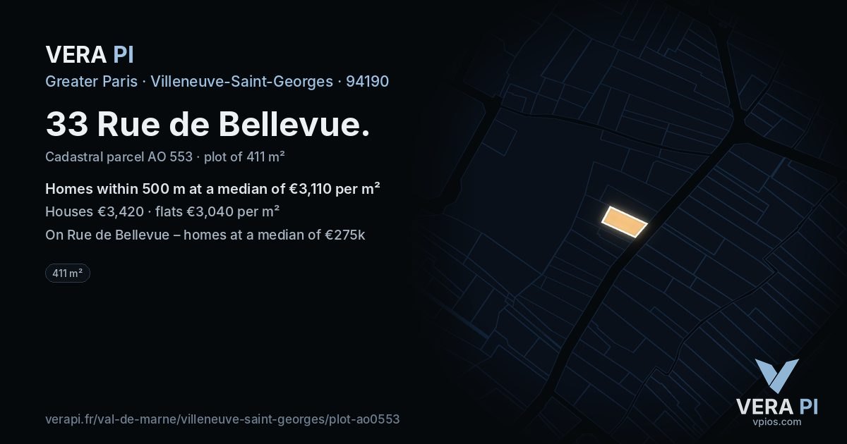 33 Rue de Bellevue, Villeneuve-Saint-Georges at night – the plot lit, the parcels around coloured by the prices near them