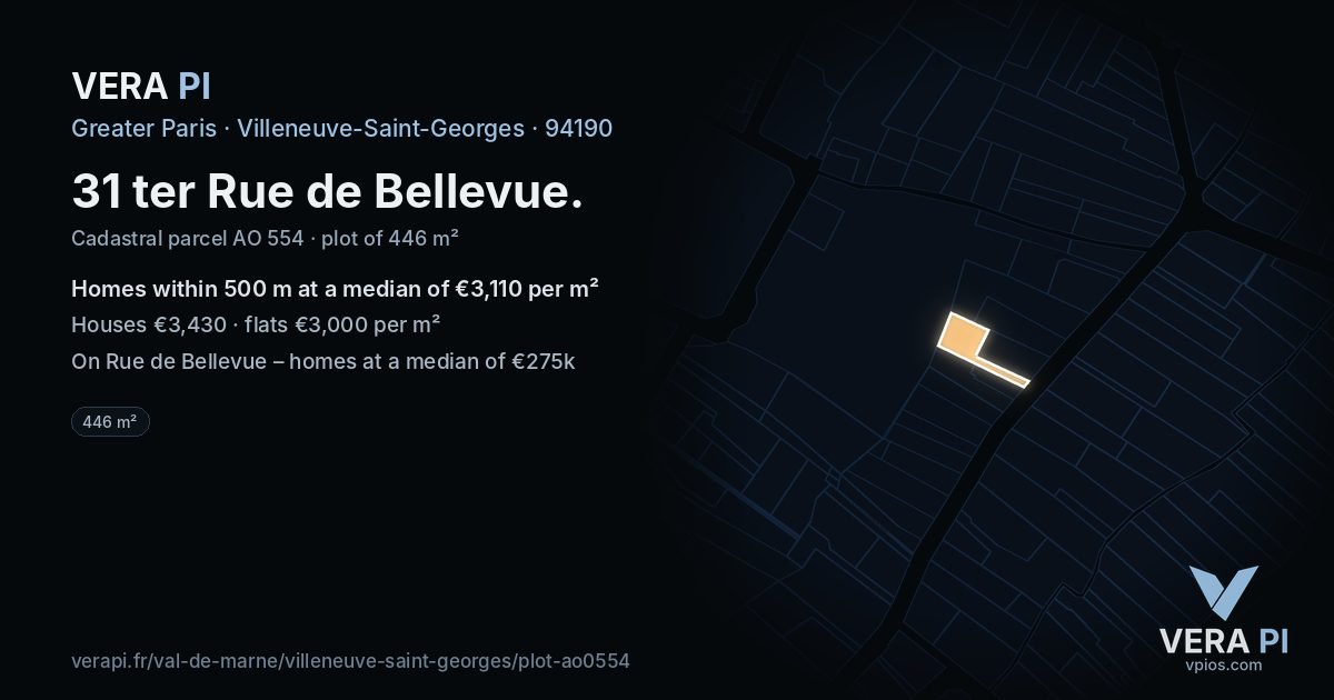 31 ter Rue de Bellevue, Villeneuve-Saint-Georges at night – the plot lit, the parcels around coloured by the prices near them
