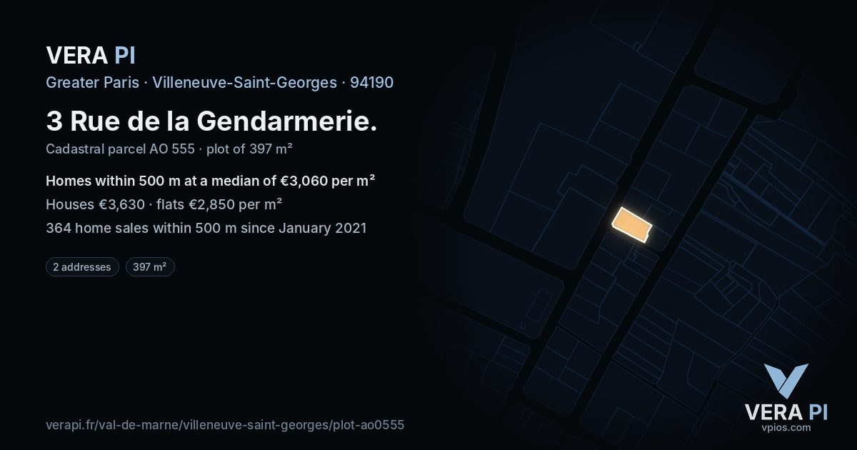 3 Rue de la Gendarmerie, Villeneuve-Saint-Georges at night – the plot lit, the parcels around coloured by the prices near them