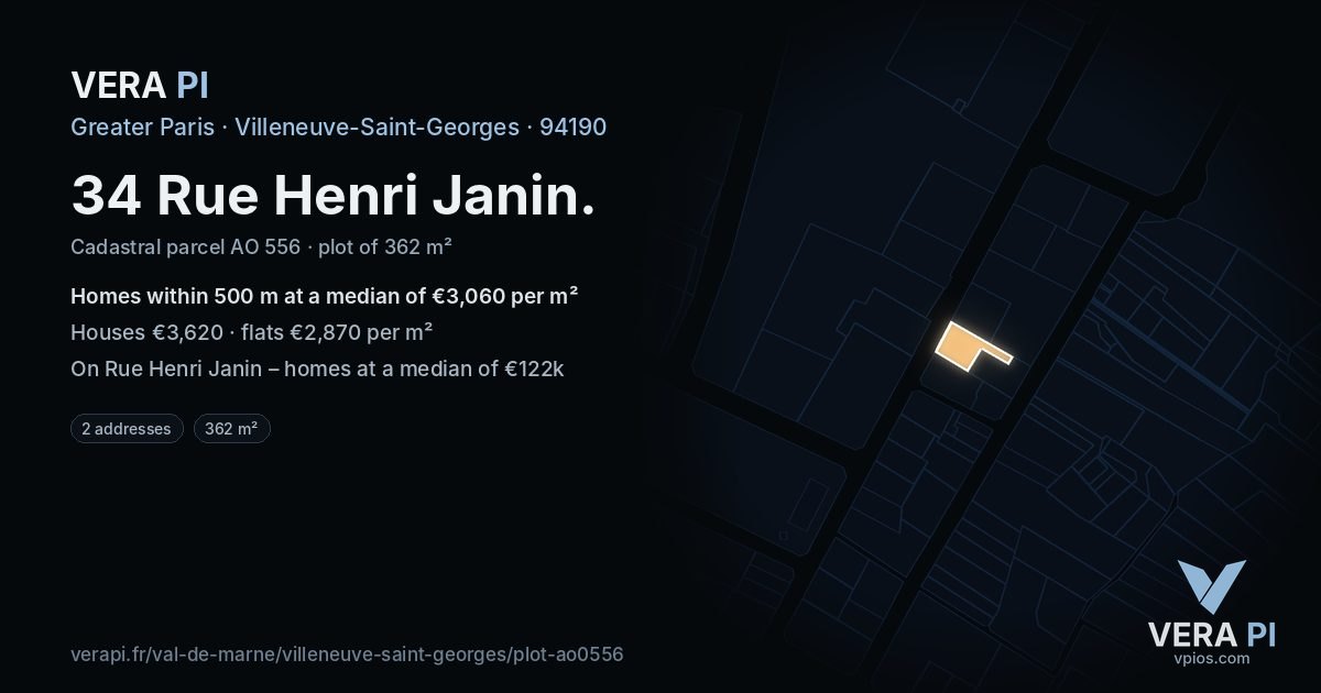 34 Rue Henri Janin, Villeneuve-Saint-Georges at night – the plot lit, the parcels around coloured by the prices near them