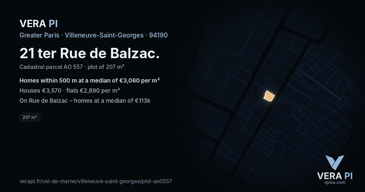 21 ter Rue de Balzac, Villeneuve-Saint-Georges at night – the plot lit, the parcels around coloured by the prices near them