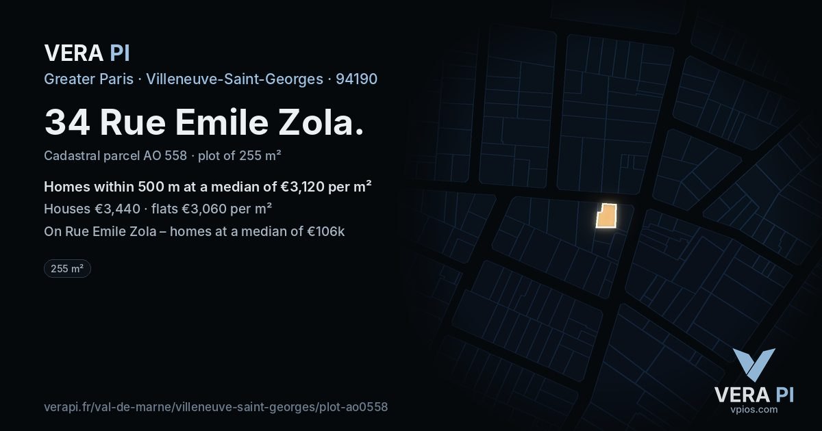 34 Rue Emile Zola, Villeneuve-Saint-Georges at night – the plot lit, the parcels around coloured by the prices near them