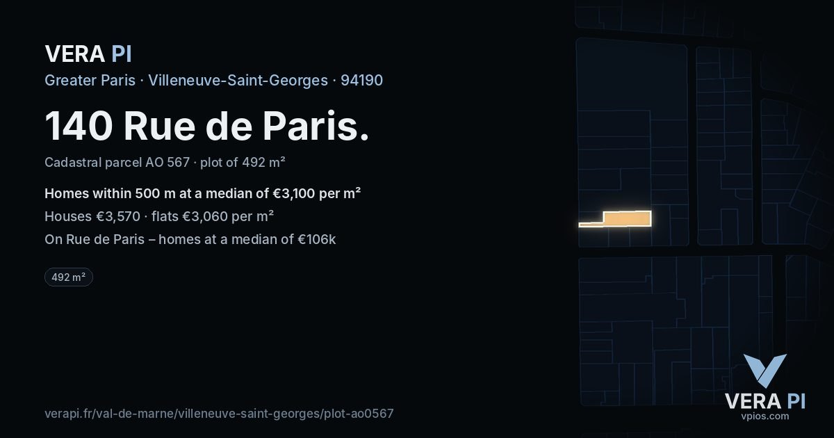 140 Rue de Paris, Villeneuve-Saint-Georges at night – the plot lit, the parcels around coloured by the prices near them