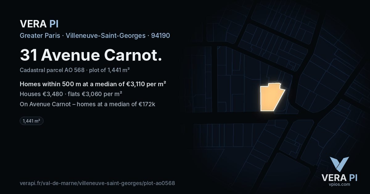 31 Avenue Carnot, Villeneuve-Saint-Georges at night – the plot lit, the parcels around coloured by the prices near them