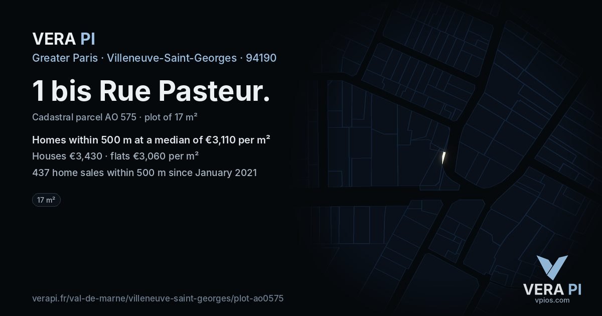 1 bis Rue Pasteur, Villeneuve-Saint-Georges at night – the plot lit, the parcels around coloured by the prices near them