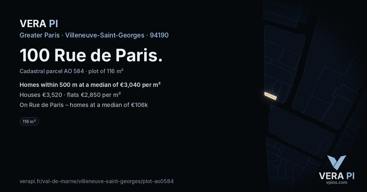 100 Rue de Paris, Villeneuve-Saint-Georges at night – the plot lit, the parcels around coloured by the prices near them