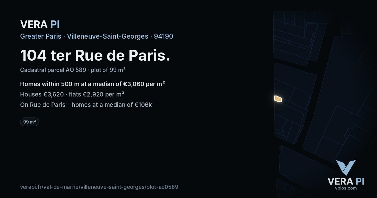 104 ter Rue de Paris, Villeneuve-Saint-Georges at night – the plot lit, the parcels around coloured by the prices near them