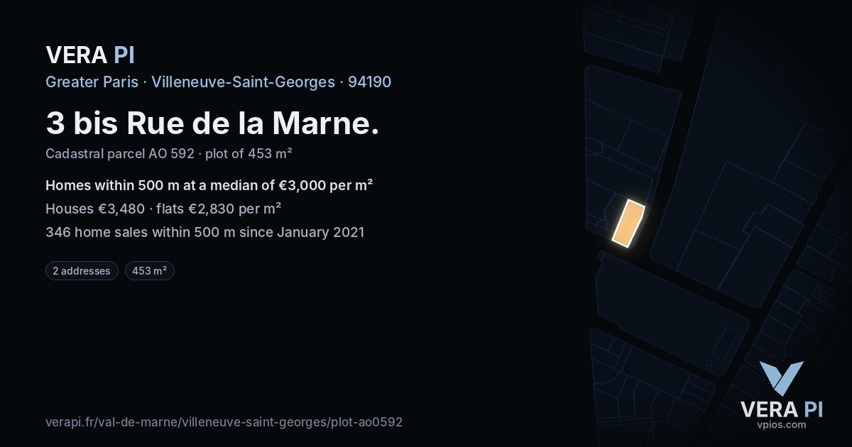3 bis Rue de la Marne, Villeneuve-Saint-Georges at night – the plot lit, the parcels around coloured by the prices near them