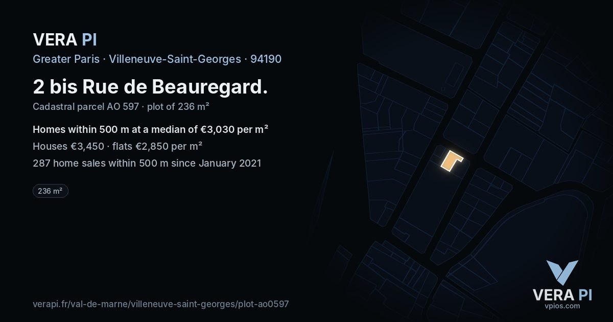 2 bis Rue de Beauregard, Villeneuve-Saint-Georges at night – the plot lit, the parcels around coloured by the prices near them