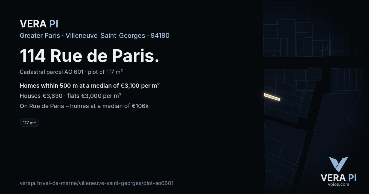 114 Rue de Paris, Villeneuve-Saint-Georges at night – the plot lit, the parcels around coloured by the prices near them