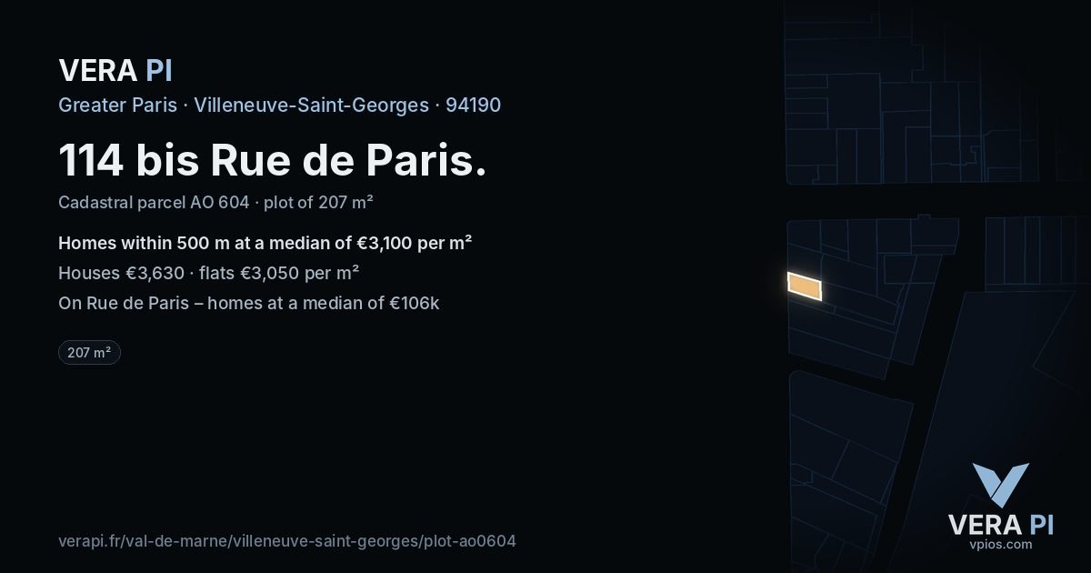 114 bis Rue de Paris, Villeneuve-Saint-Georges at night – the plot lit, the parcels around coloured by the prices near them